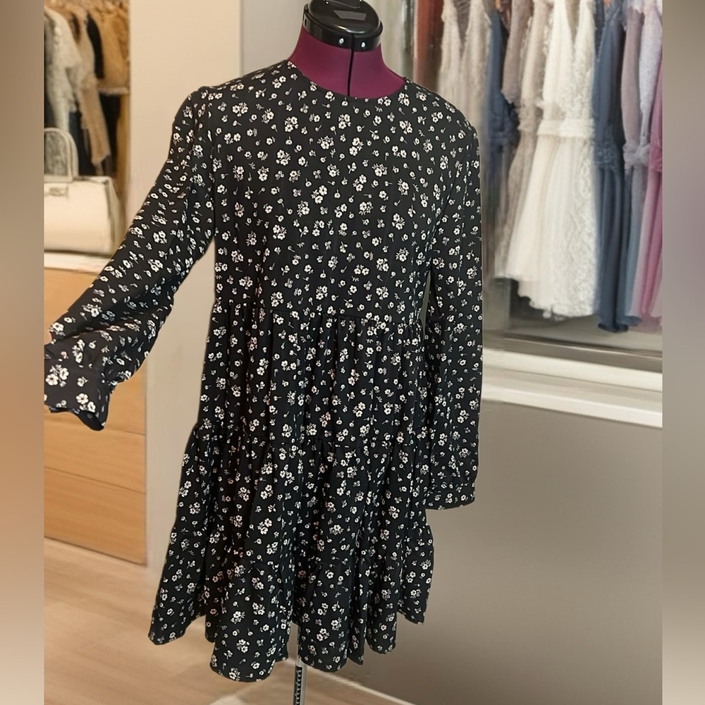 Buffalo Women’s Size Small Petite Black Botanical Floral Long Sleeve Dress New - Picture 4 of 9